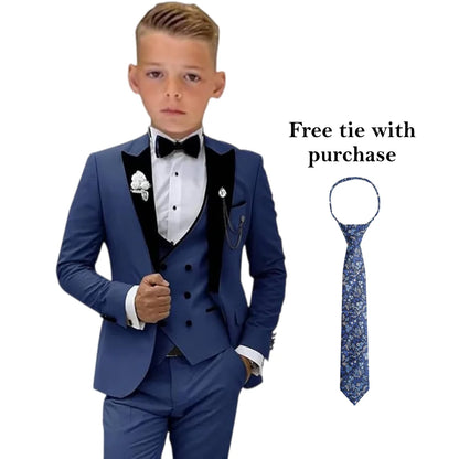 Velvet Collar Suit Set for Kids 3-14 Years, Three-Piece Wedding Suits for Boys, Toddler Suits Tuxedo Homecoming Teens Suits