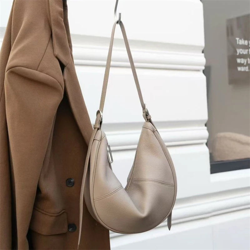 BURMINSA Soft Genuine Leather Crescent Hobo Bag For Women Slouchy Cowhide Shoulder Bag Retro Daily Work Crossbody Purse Handbags