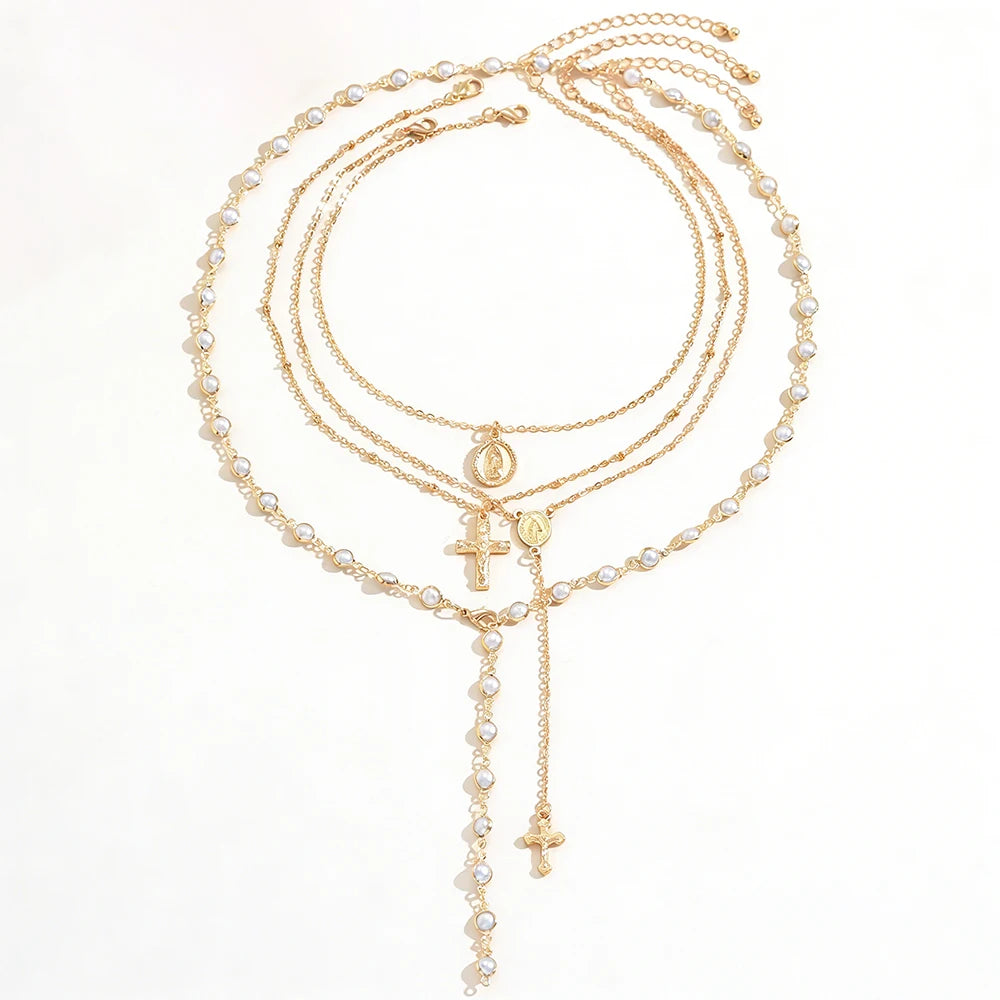 Layered Rosary Cross Necklace Vintage Gold Silver Mary Pendant Pearl Beaded Y Lariat Jewelry Gift for Women