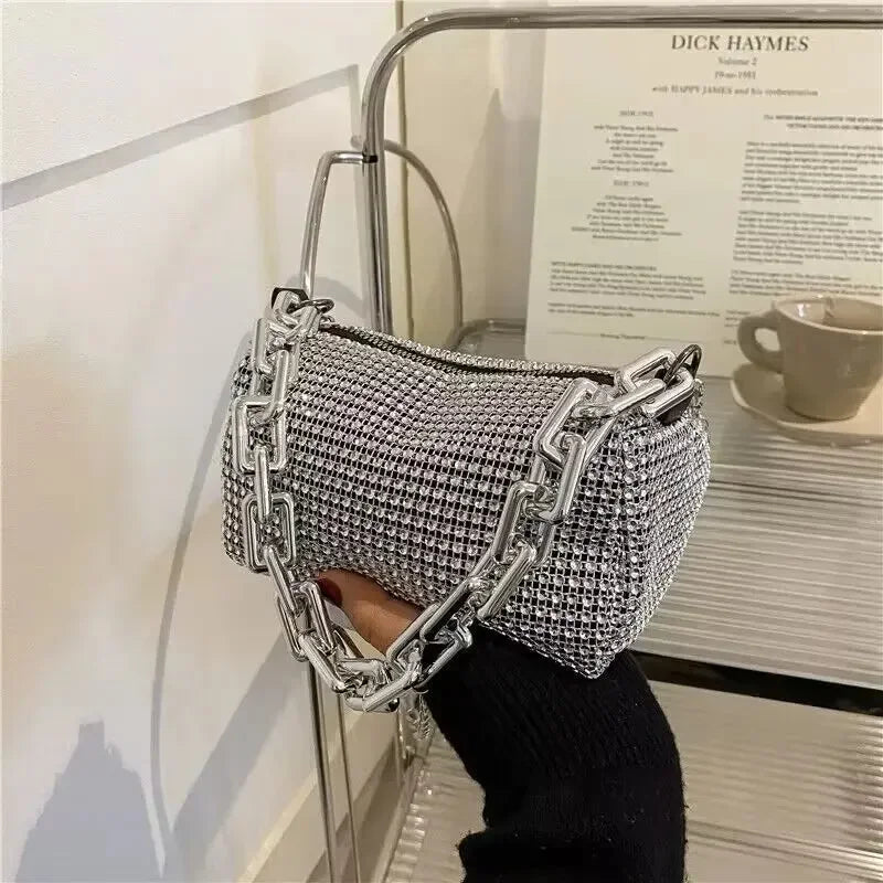 New Outdoors Allover Rhinestone Bucket Bag, Glitter Chain Prom Purse, Women's Mini Crossbody Bag (6.3*3.54) Inch