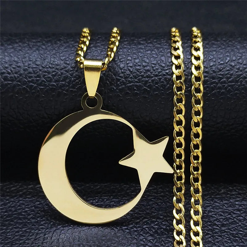 2026 Muslim Islam Moon Star Stainless Steel Chain Necklaces for Women Gold Color Necklace Jewelry Collares De Mujer N4811S05