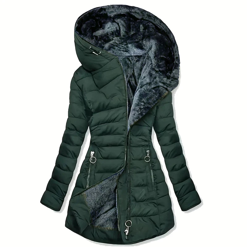 Women's Hooded Fleece Lined Jackets Long Sleeve Cotton Padded Winter Fit Warm Medium Length Coat Zip Up Stylish Women's Clothing