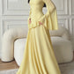 Cream-Colored Round-Neck, Flared Long-Sleeve, Ruffled Waist, Slim-Fit Chiffon Long Dress, Gentle and Modest Wedding Muslim Banquet Evening Gown
