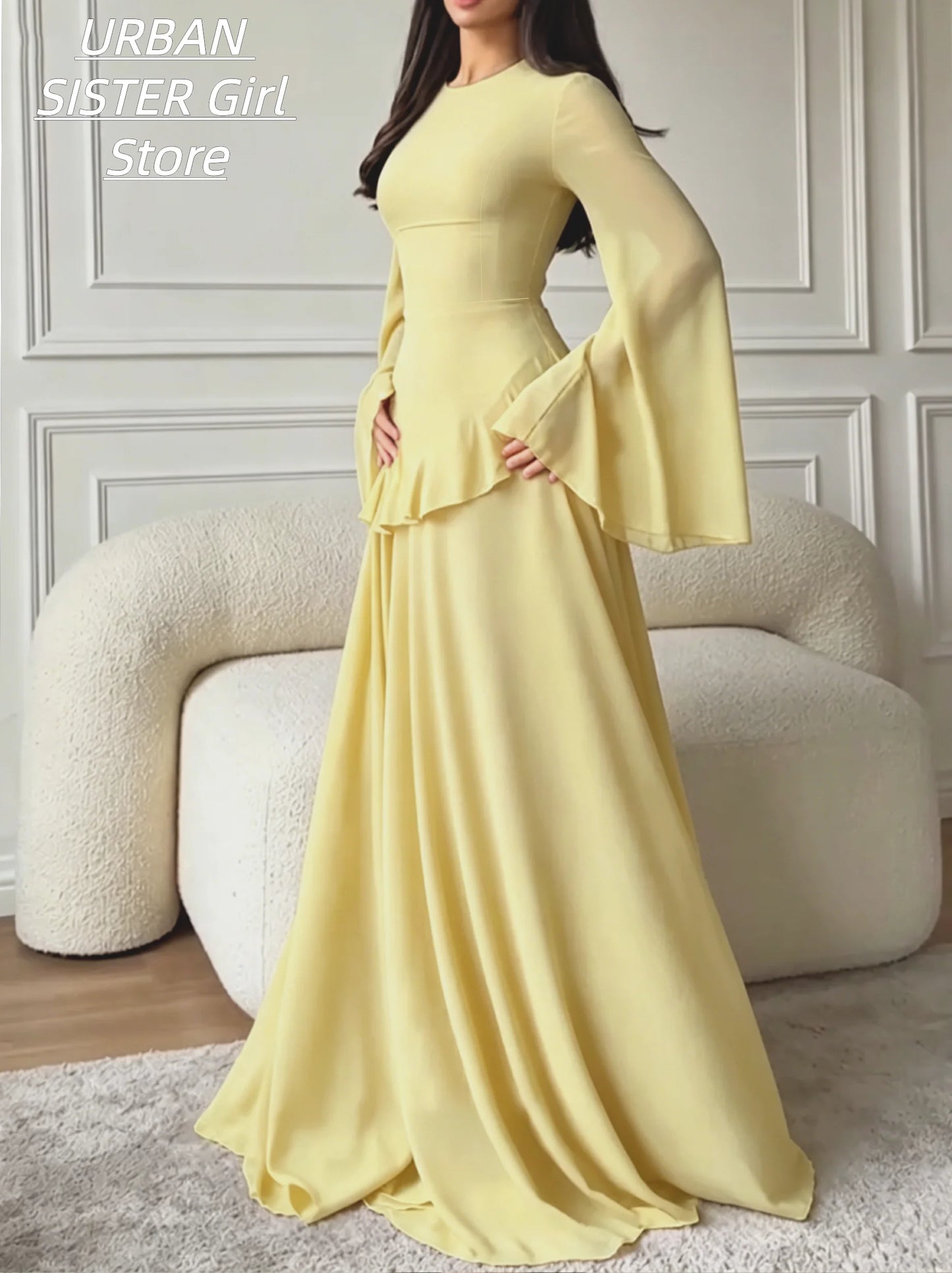 Cream-Colored Round-Neck, Flared Long-Sleeve, Ruffled Waist, Slim-Fit Chiffon Long Dress, Gentle and Modest Wedding Muslim Banquet Evening Gown