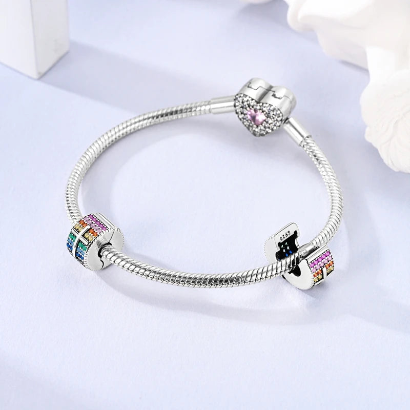 Silver Clasp 925 Sterling Silver CZ Pave Clip Charms Daisy Beads Stopper Safety Chain Fit Original Bangle Bracelet Jewelry Clips