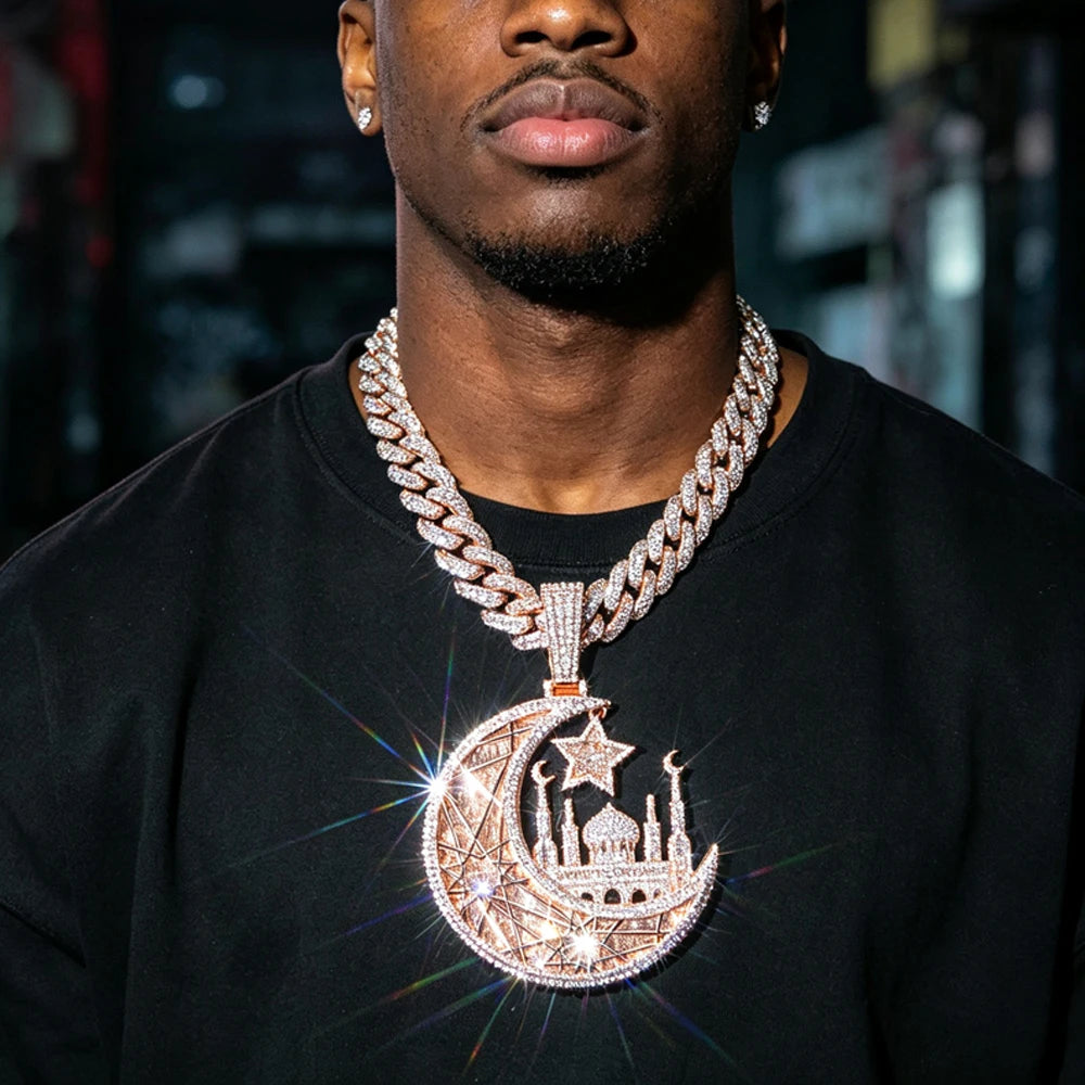 Iced Crescent Mosque Star Pendant Men Hip Hop Charm 18K Rose Gold Plated Full Paved CZ Bling Jewelry Islamic Muslim Religious Moon Cuban Link Chain Accessories Shiny Faith Statement For Rappers Club Urban Street Daily Fashion