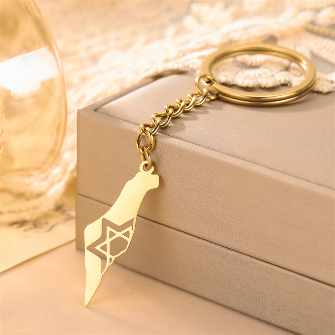 EUEAVAN Fashion Israel Map Keychain Stainless Steel Hollow Hexagram Star of David Keychain Religious Jewelry Gift Wholesale