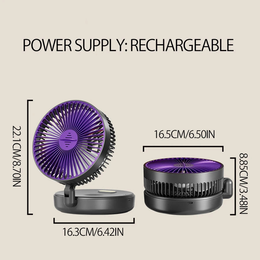 5000mAh Rechargeable 3 IN 1 Multifunctional Fan 4 Speed 90° Folding Wall Mounted Portable Fan with Warm Night Light