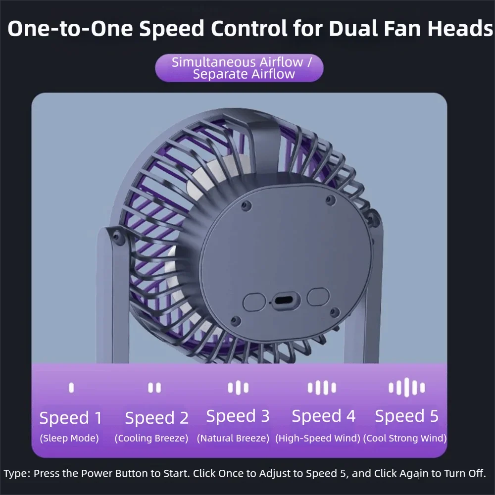 Dual Head Desk Fan 3 Speed USB Rechargeable Table Cooling Fan Low Noise with LED Night Light Independent Control for Home Office Bedroom Desktop