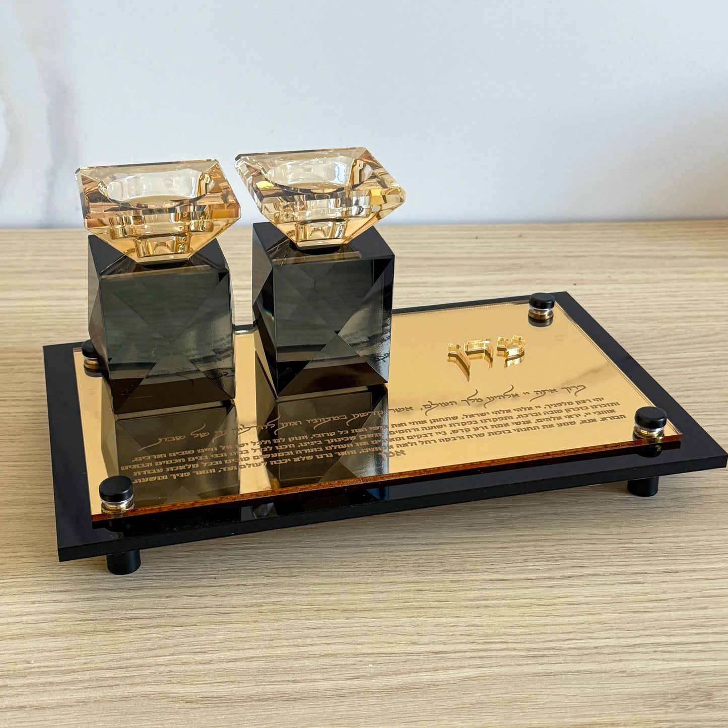Custom Engraved Hebrew Crystal Shabbat Candlestick Set Gold Mirror Acrylic Tray Jewish Sabbath Candle Holder Judaica Gift
