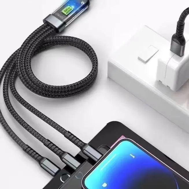 3-In-1 Super Fast Charging Cable, 3-In-1 Charging Cable With Transparent Illuminated Braided Nylon Wire, Fast Charging Data