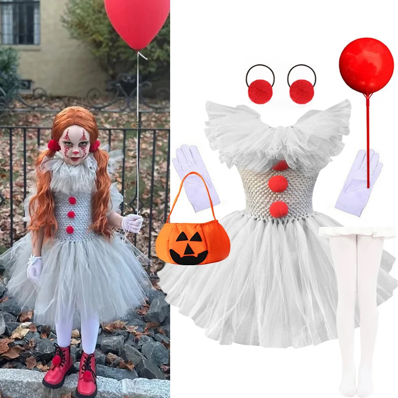 Halloween Grey Joker Costume for Kids Clown Cosplay Carnival Party Clothes Gray Children Girls Fancy Tulle Tutu Dresses