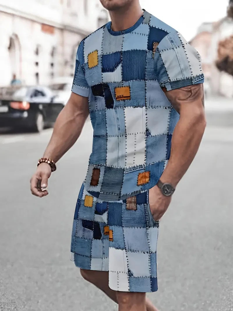 2025 Summer Men's Clothing Letter Print Short Sleeve Top Men's Elastic Waist Shorts 2-piece Set Plus Size T Shirts Shorts Set