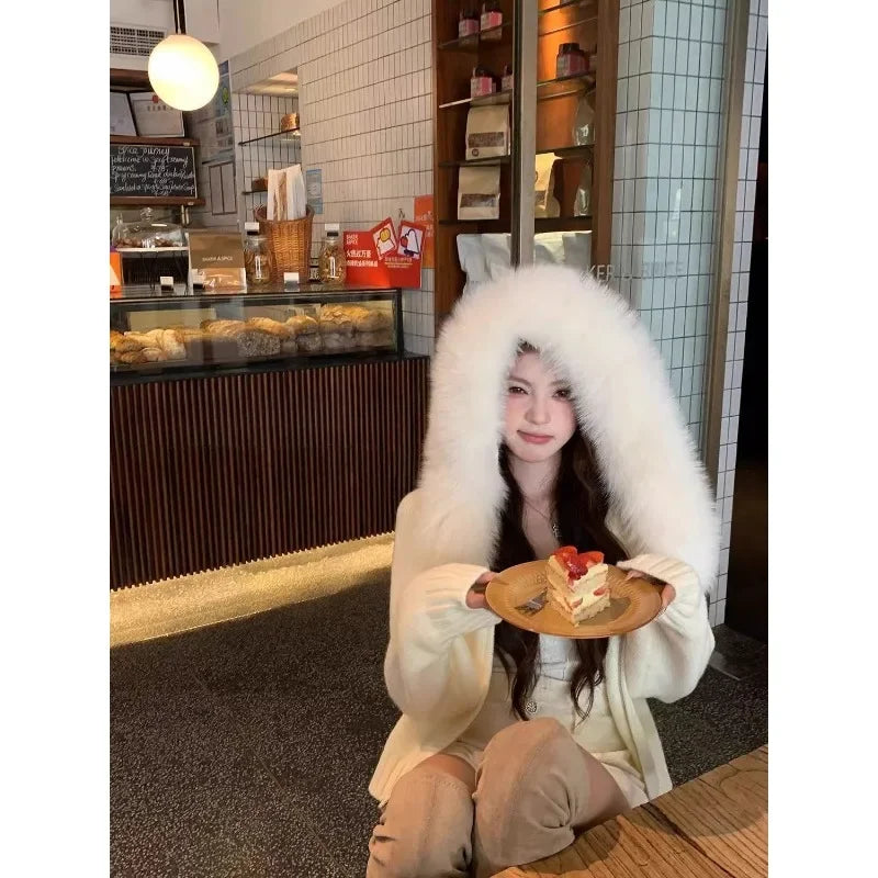 New Autumn and Winter Models Fur Neck Sweater Hooded Coat Female Lazy Wind Knit Cardigan Zipper Sweater Thick Blouse