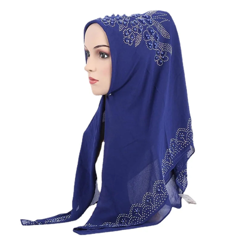 Muslim Square Scarf Women Fashion Rhinestone Hijab Arab Headwrap Turban Headband Pearl Chiffon Islamic Headscarf  Free Pin