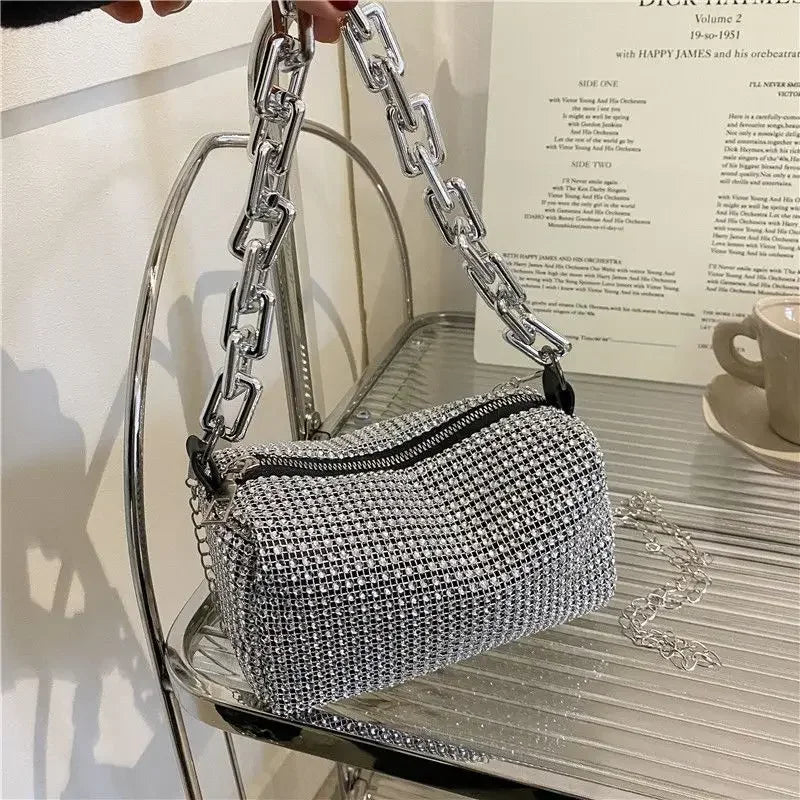 New Outdoors Allover Rhinestone Bucket Bag, Glitter Chain Prom Purse, Women's Mini Crossbody Bag (6.3*3.54) Inch