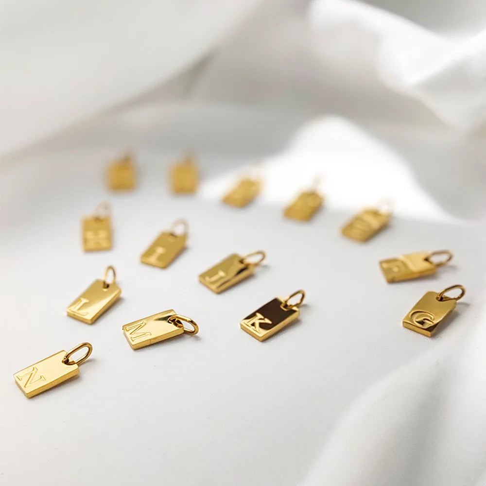 Polished Stainless Steel Square Gold Color Pendant Hang 26 Letters DIY Bracelet Pet Collar Necklace Jewelry Making