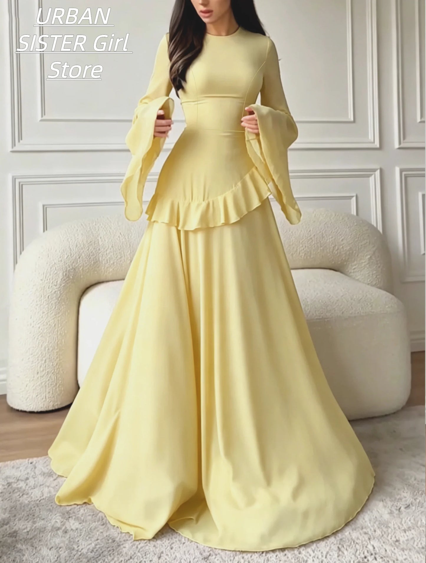 Cream-Colored Round-Neck, Flared Long-Sleeve, Ruffled Waist, Slim-Fit Chiffon Long Dress, Gentle and Modest Wedding Muslim Banquet Evening Gown