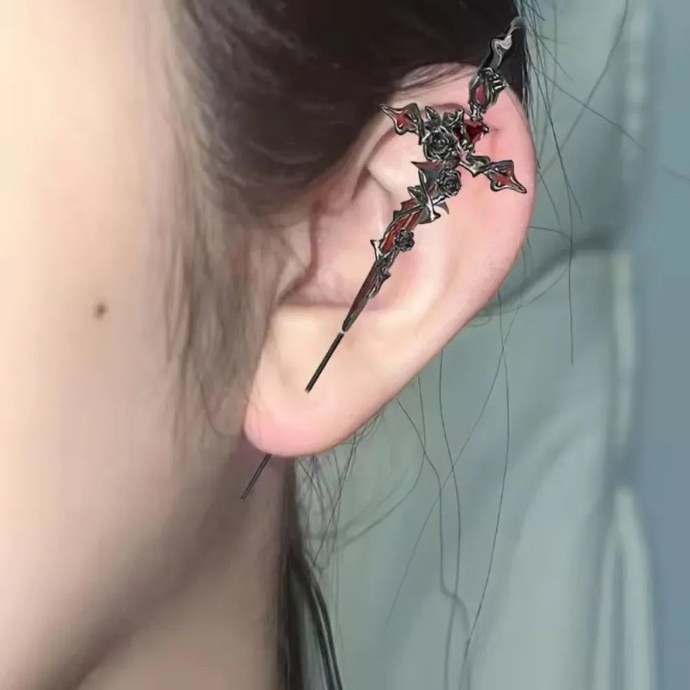 1PCS Retro Dark Gothic Punk Rose Cross Thorn Earring Unisex Piercing Ear Needle Earstuds Eardrop Jewelry