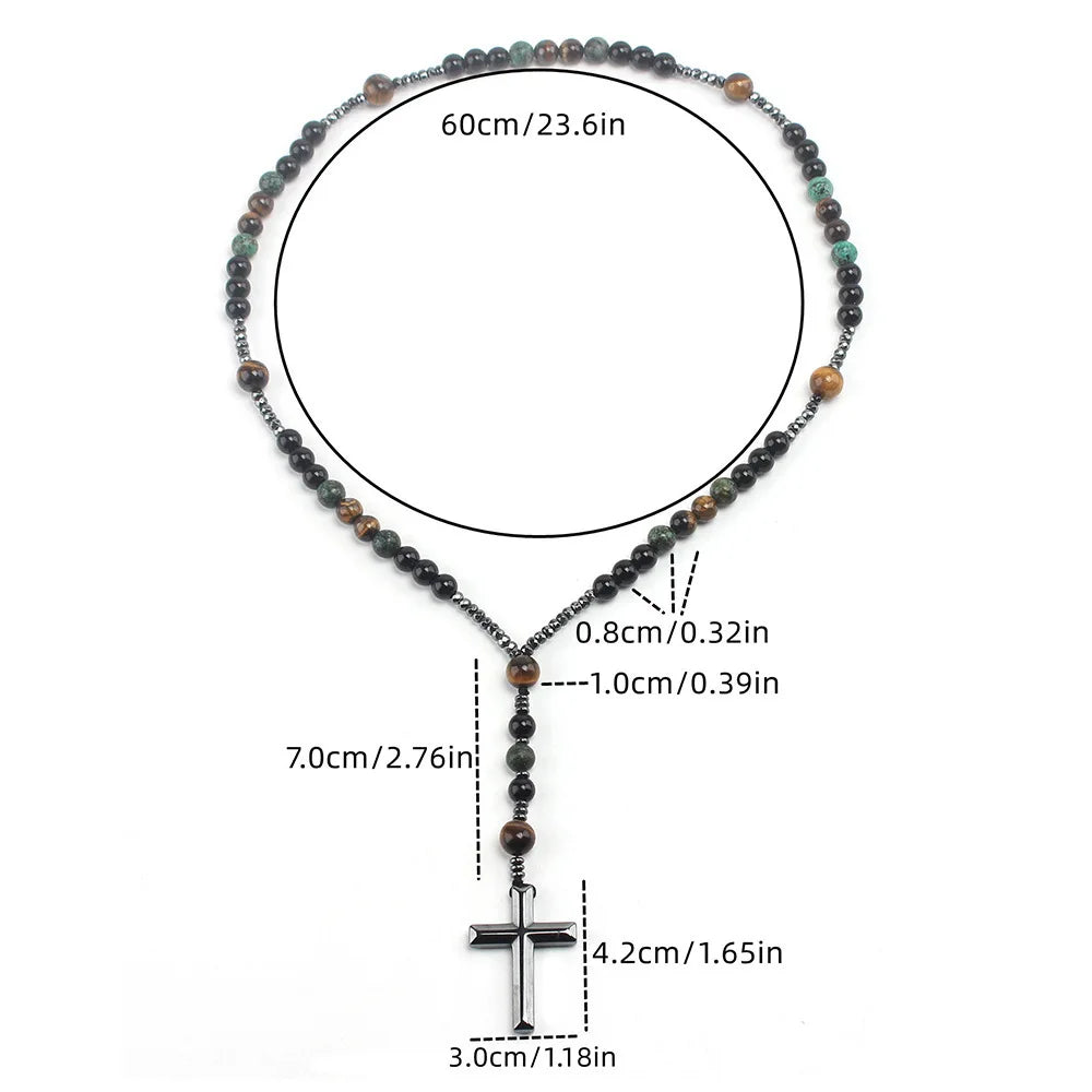 Natural Stone Africa Turquoise and Tiger-eye Beads Cross Pendant Necklace Rosary for Men and Women