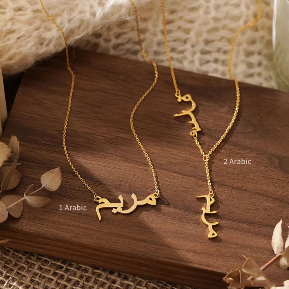 Custom Arabic 2 Names Necklace Personalized Stainless Steel Islamic Pendant Necklace Delicate Clavicle Chain Women Jewelry Gift