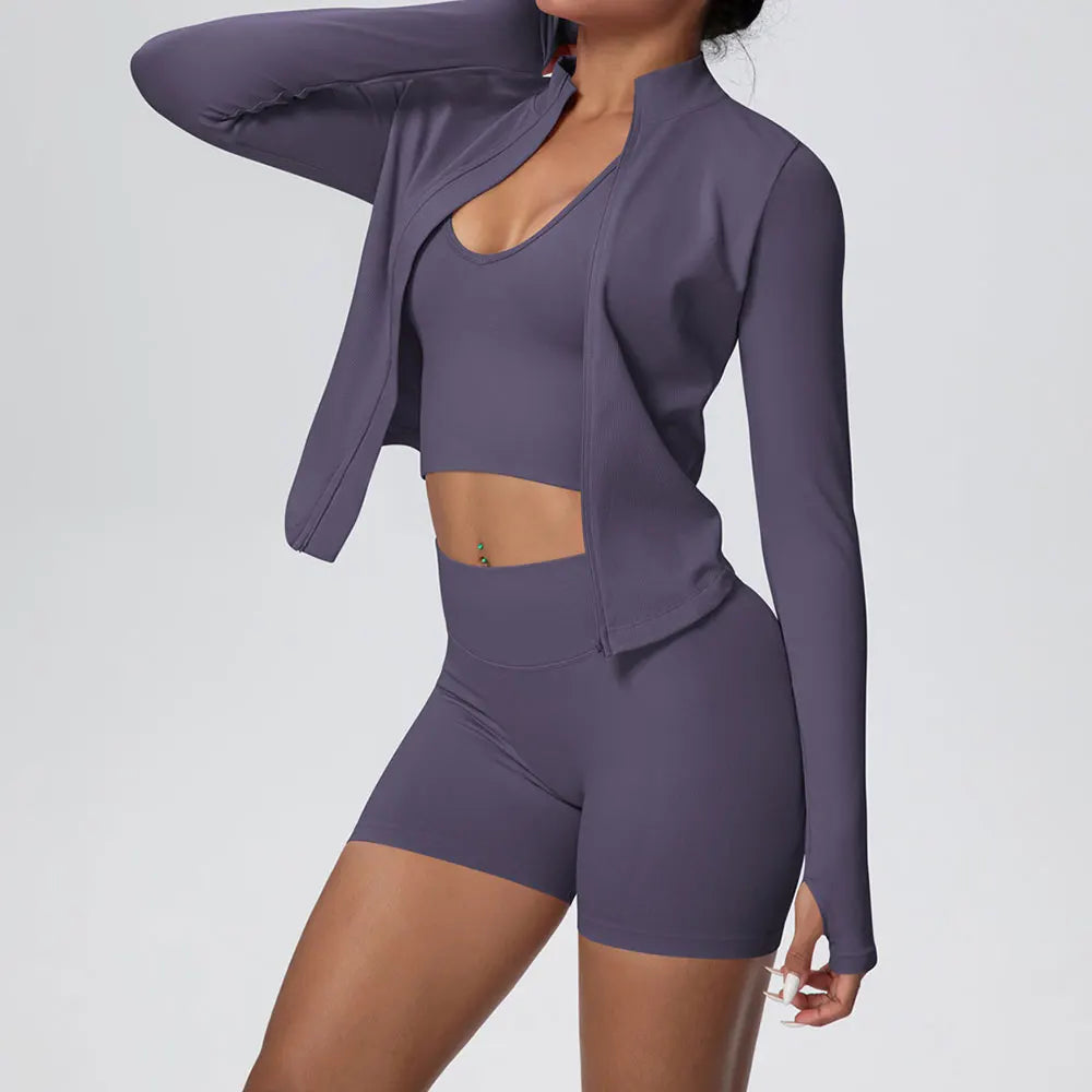 Women Seamless Sportswear Yoga Set 3PCS Workout Clothes Sports Gym Legging Shockproof Fitness Bra Crop Top Long Sleeve Yoga Suit