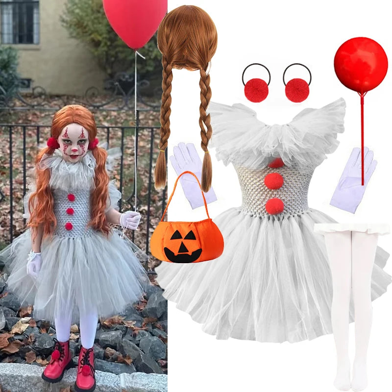Halloween Grey Joker Costume for Kids Clown Cosplay Carnival Party Clothes Gray Children Girls Fancy Tulle Tutu Dresses