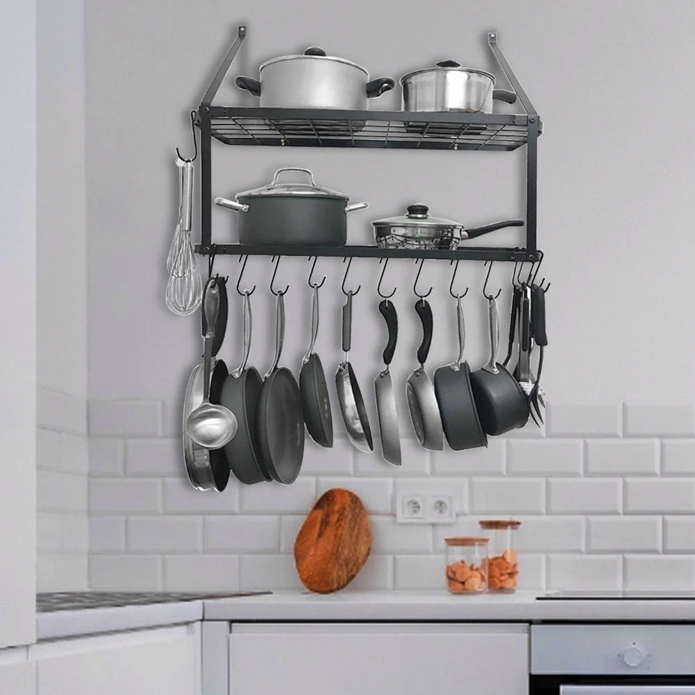【Lifeideas】Rustproof Wall Mounted Pot Rack Pan Hanger for Kitchen Storage Organization Easy Setup 2Tier Pot Shelf