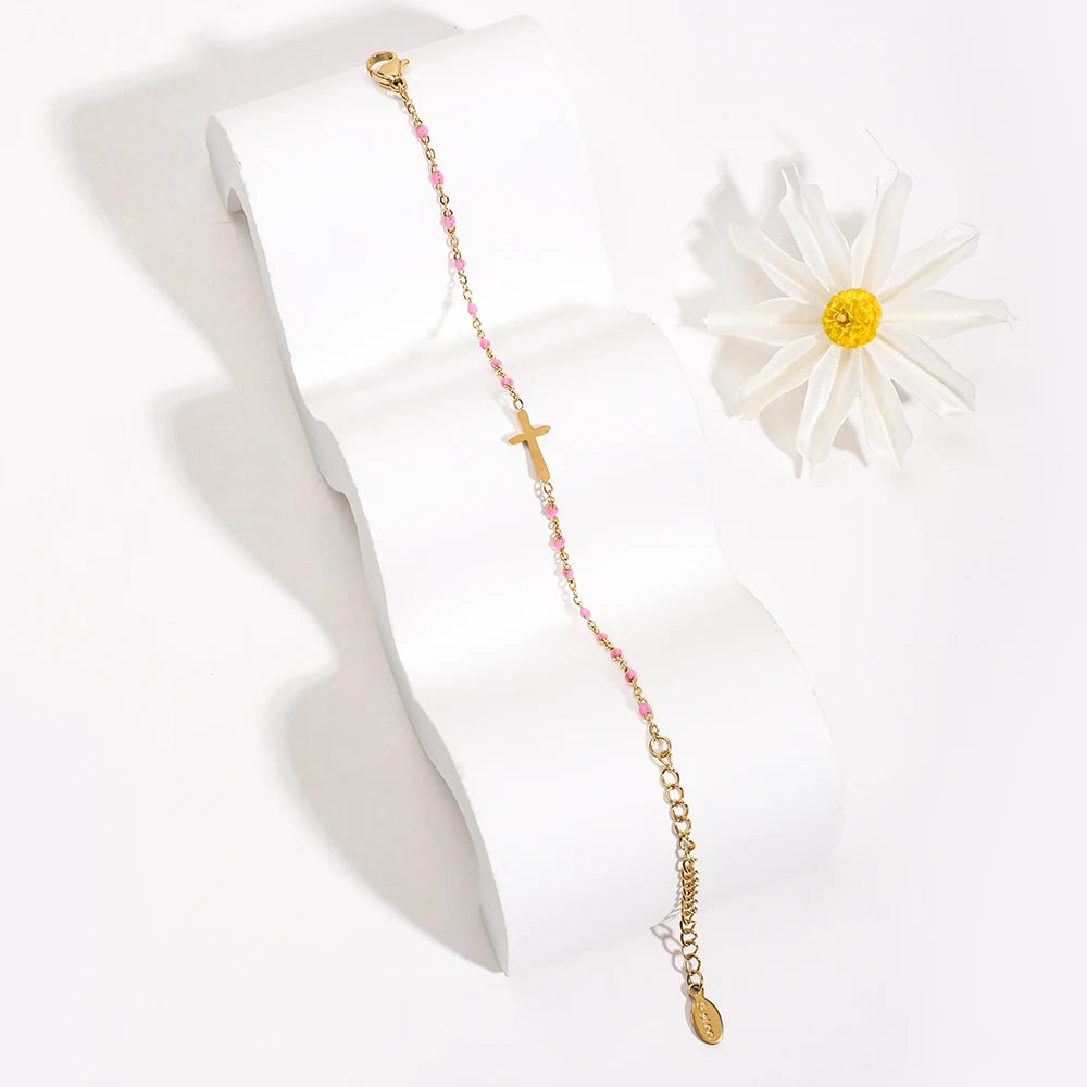 ZMZY Girls Boho Thin Chain Stainless Steel Bracelets For Women Gold Color Peach Pink Cross Charm Beautiful Gift