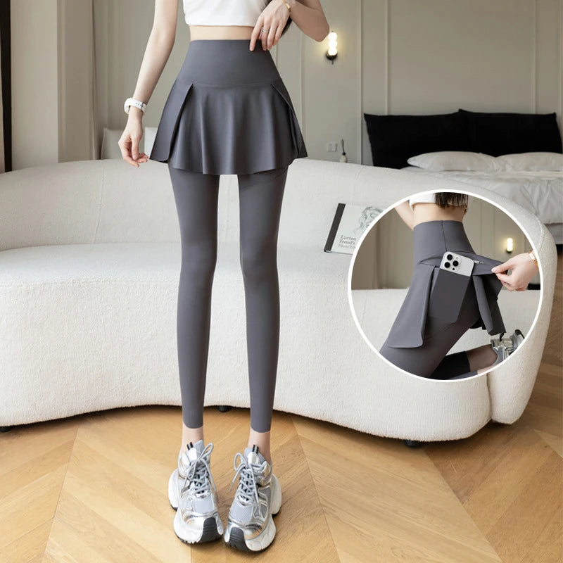 Women Fake Two Pieces Leggings Seamless Fitness Leggings High Waist with Pocket Elastic Slim Fashion Hip Liftting Yoga Pants