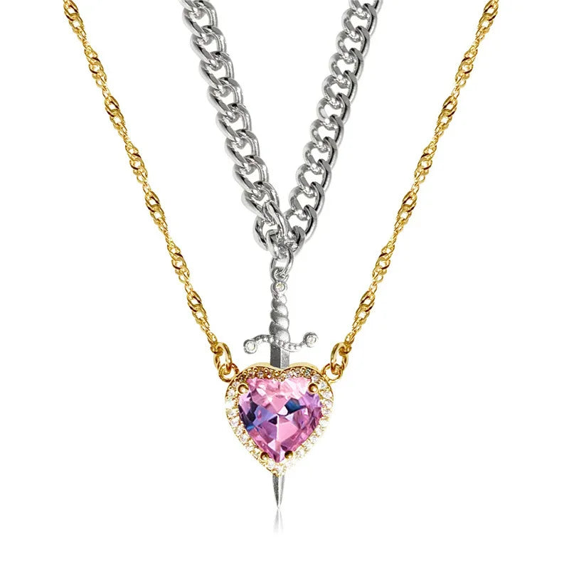 2Pcs Gothic Punk Sword Heart Creative Couple Necklace for Women Men Lovers Sparkling Y2K Heart Pendant Jewelry Accessories Gifts