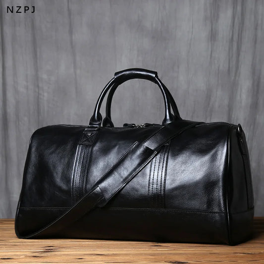 NZPJ Genuine Leather Men Travel Bag Natural Cowhide Handbag Casual Crossbody Bag Large Capacity Luggage Bag For 16 Inch Laptop