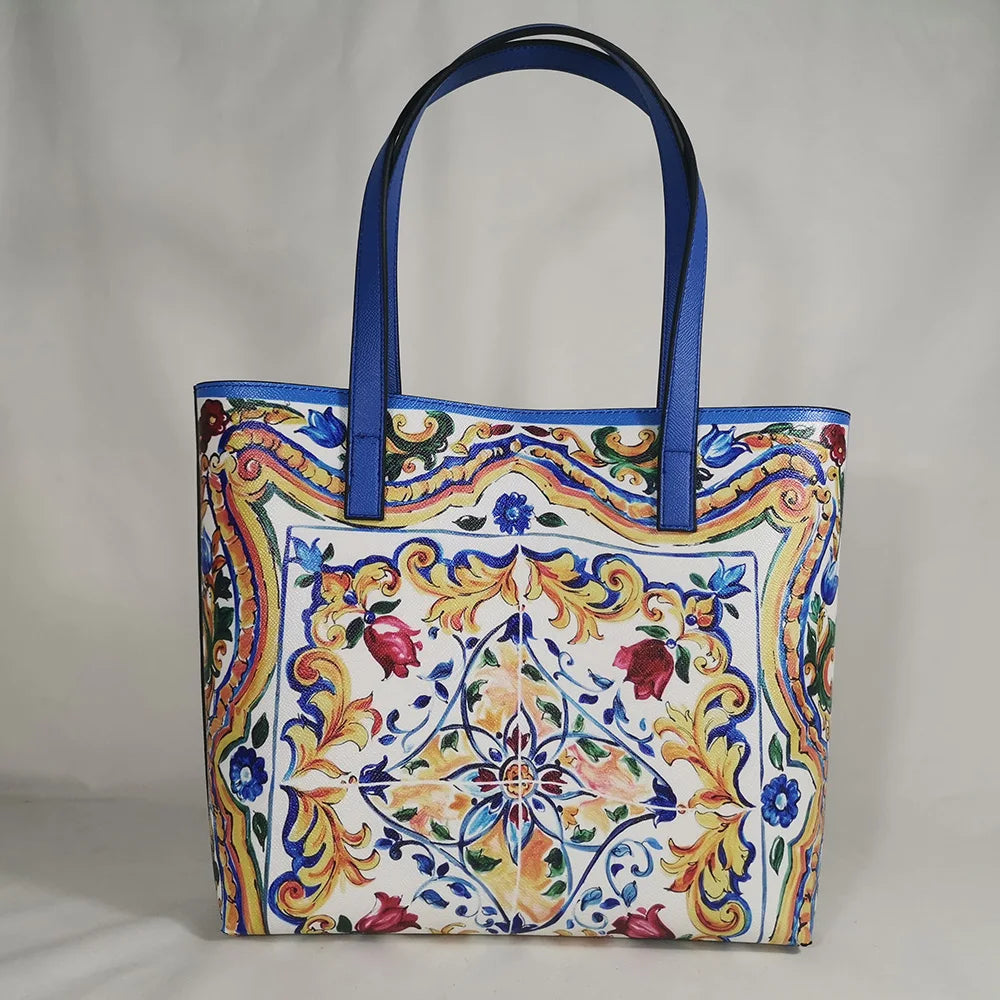 Italy Luxury Print Travel Shoulder Bag Floral Textured-Leather Shopper Tote large tote bag famous brand bag women girl handbag