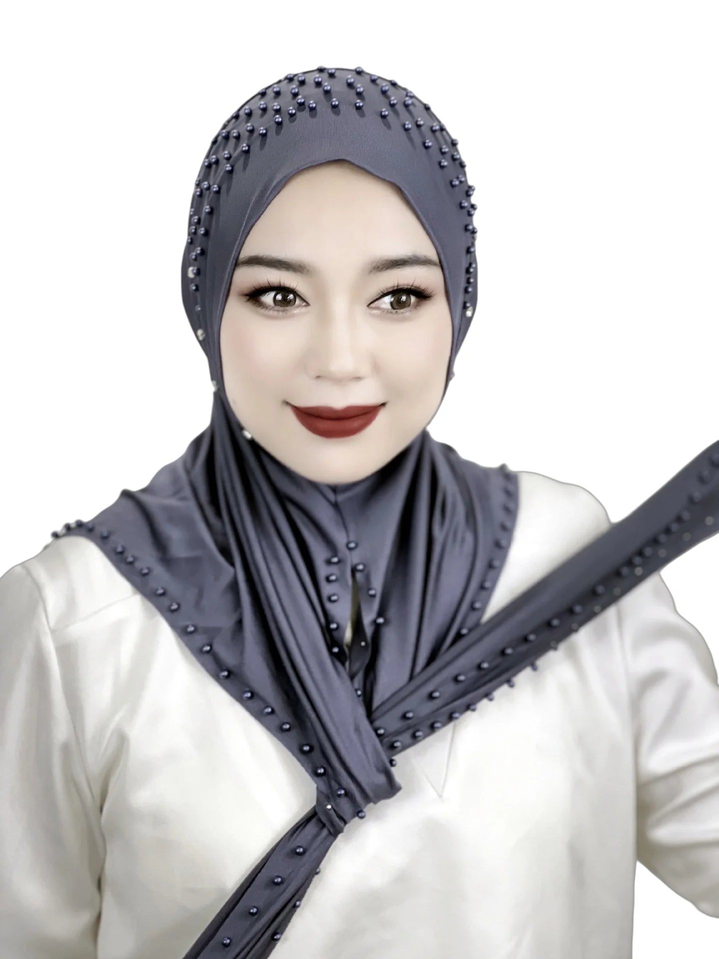 Convenient Instant Hijab Pullover Beaded Scarf Malay Shawl Women's Solid Color Headscarf (One Cap Gift)