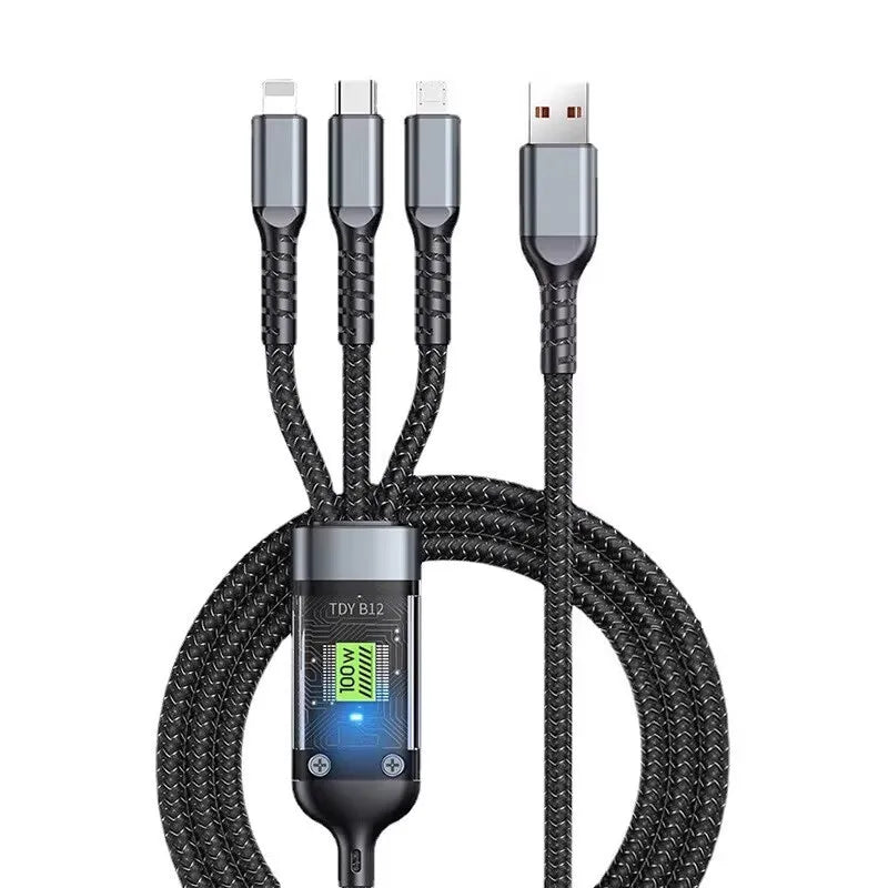 3-In-1 Super Fast Charging Cable, 3-In-1 Charging Cable With Transparent Illuminated Braided Nylon Wire, Fast Charging Data