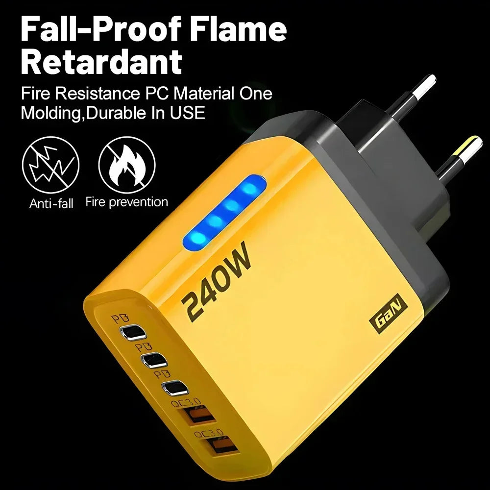 240W 5 in 1 USB C GaN Desktop Charger Fast Charge Phone Adapter 10A Type C Cable For iPhone Samsung Xiaomi EU/US/UK Plug Charger
