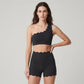 Women One Shoulder Scalloped Trim Sports Bra High Waist Scalloped Yoga Shorts 2 Pcs Workout Set Squat Proof Gym Pilates Outfit