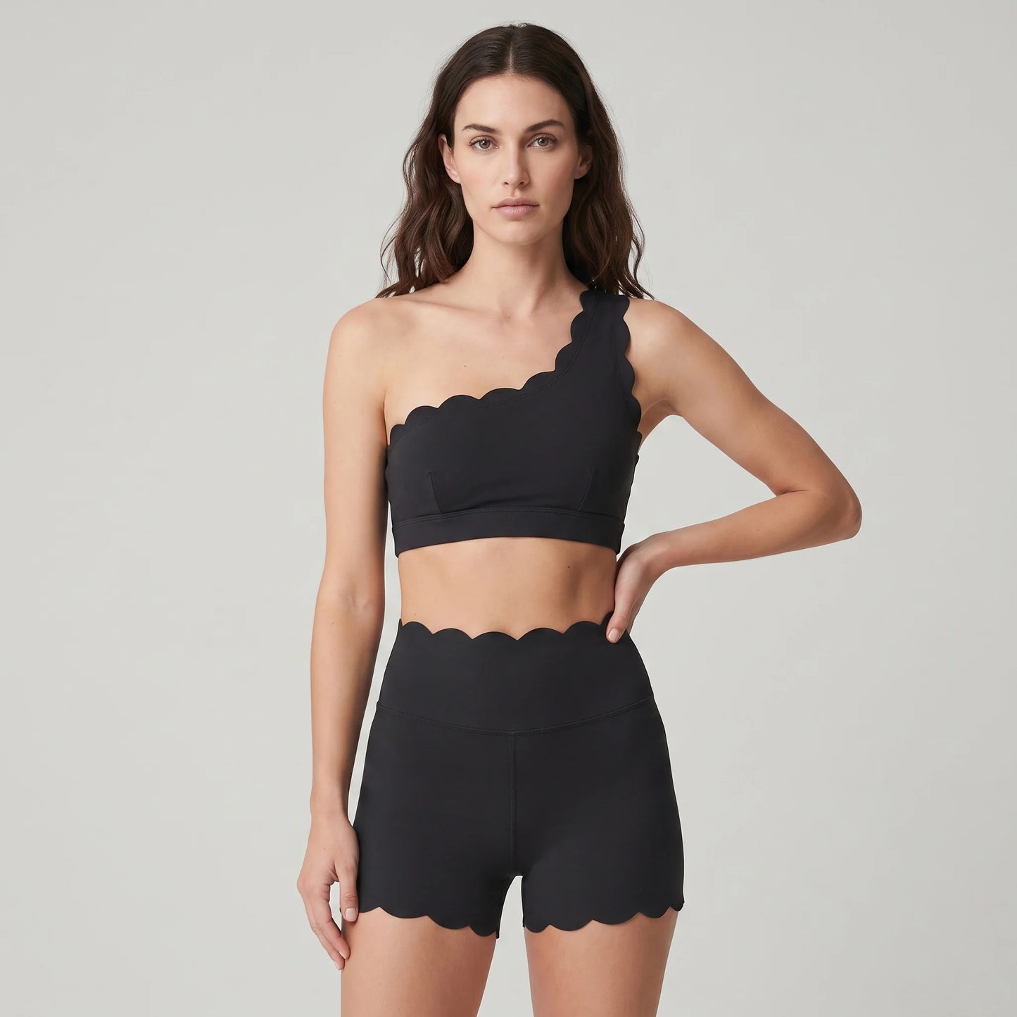 Women One Shoulder Scalloped Trim Sports Bra High Waist Scalloped Yoga Shorts 2 Pcs Workout Set Squat Proof Gym Pilates Outfit
