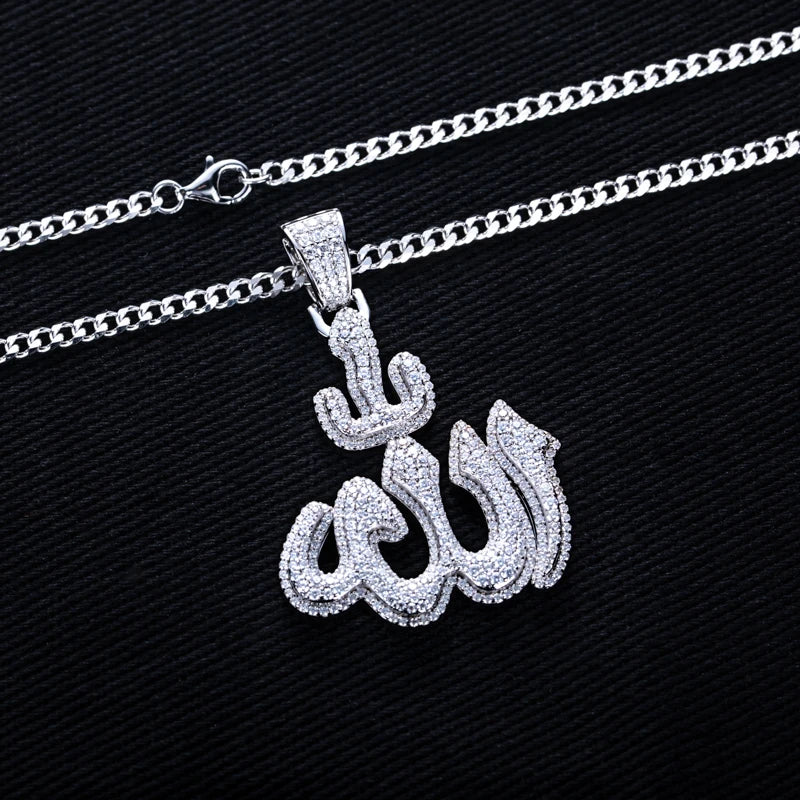MossanRappr 2.9cttw Moissanite Islam Muslim Rune Patter Pendant Allah Necklace 925 Sterling Silver Hip Hop Jewelry Gifts for Men