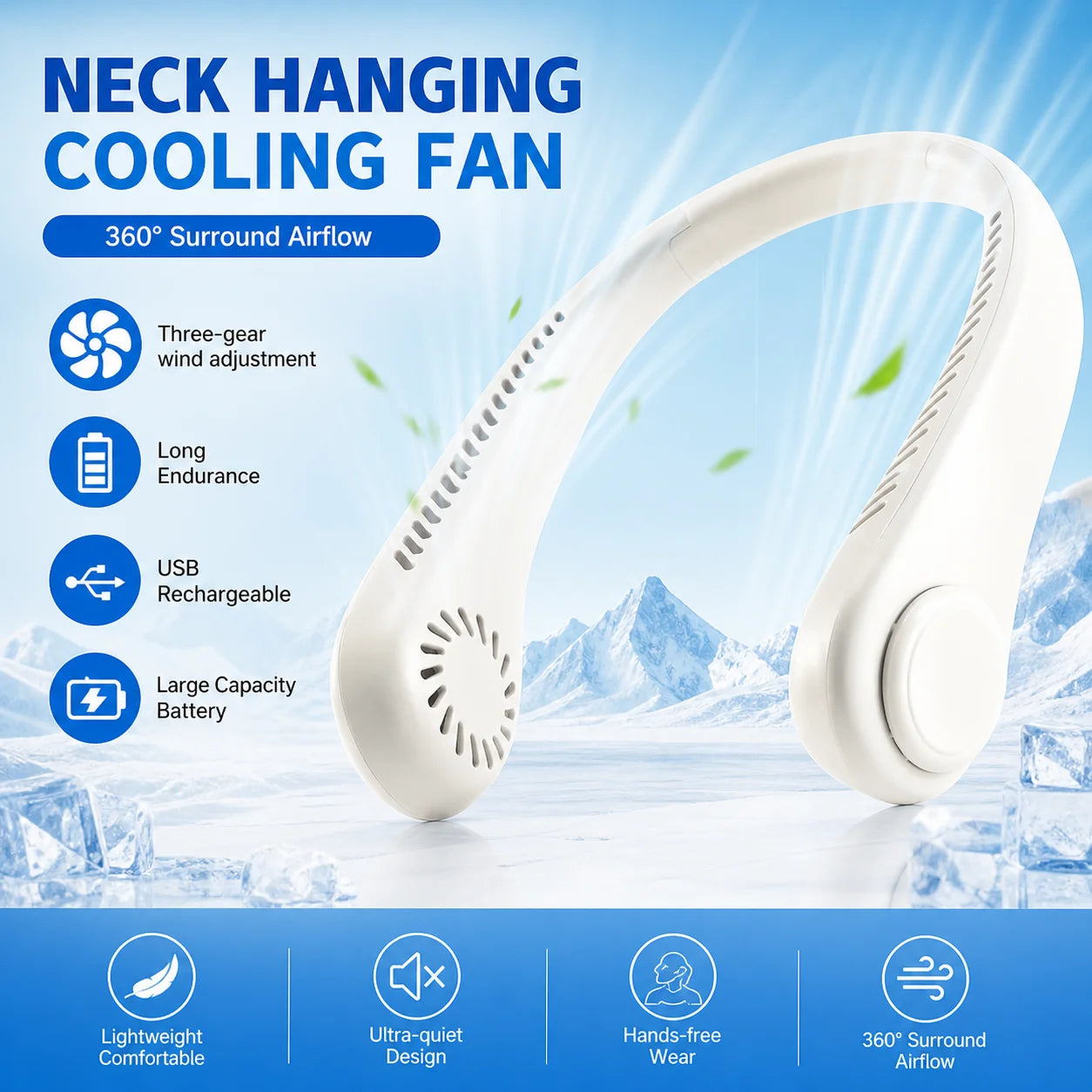 New Arrival Bladeless Hanging Neck Fan 3 Adjustable Speed USB Recharge Mini Portable Air Cooler Long Battery Life Outdoor Gym Su