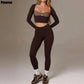 PMWRUN Women 3 Piece Yoga Set Long Sleeve Cropped Top Twist Front Sports Bra High Waisted Flared Leggings Soft For Gym Yoga