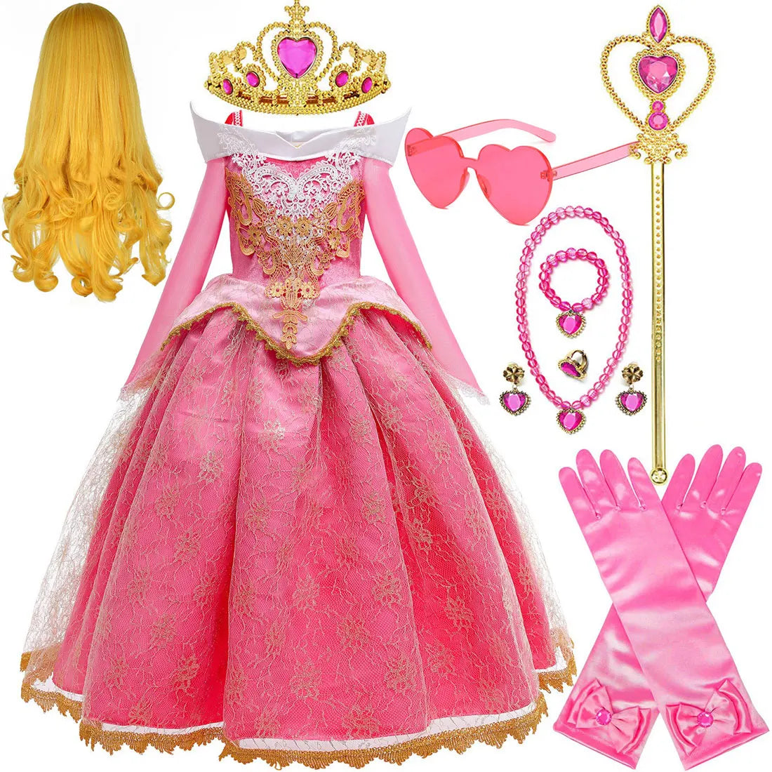 2026 Disney Sleeping Beauty Aurora Princess Dress Girl Cosplay Off Shoulder Kids Gifts Fancy Party Girl Baby Fine Lace Dress Set
