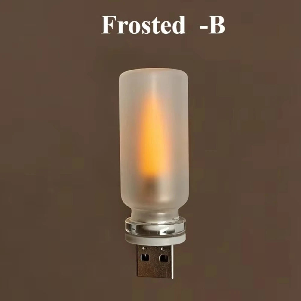 USB Flame Flickering LED Frosted Clear Glass Candle Night Light Simulated Flame for Car Home Room Laptop PC Festival Decoration