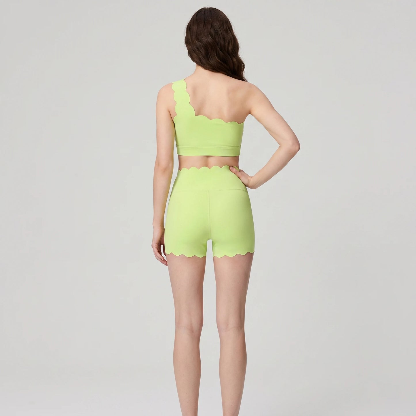 Women One Shoulder Scalloped Trim Sports Bra High Waist Scalloped Yoga Shorts 2 Pcs Workout Set Squat Proof Gym Pilates Outfit