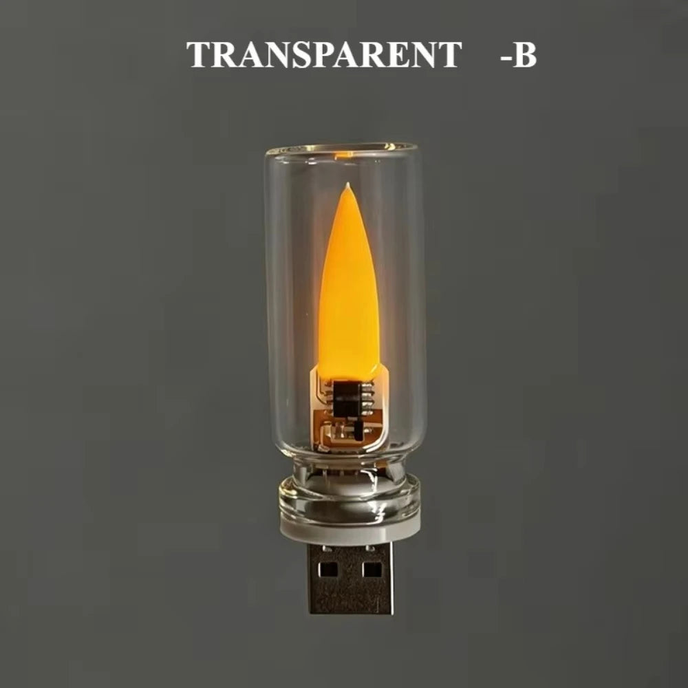 USB Flame Flickering LED Frosted Clear Glass Candle Night Light Simulated Flame for Car Home Room Laptop PC Festival Decoration