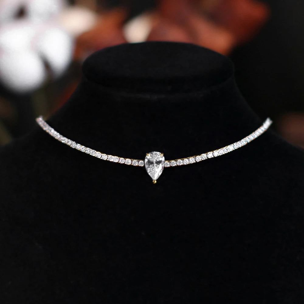 Certified Full Moissanite Riviera Tennis Necklace with Waterdrop Diamond Pendant for Women 925 Sterling Silver Adjustable Choker