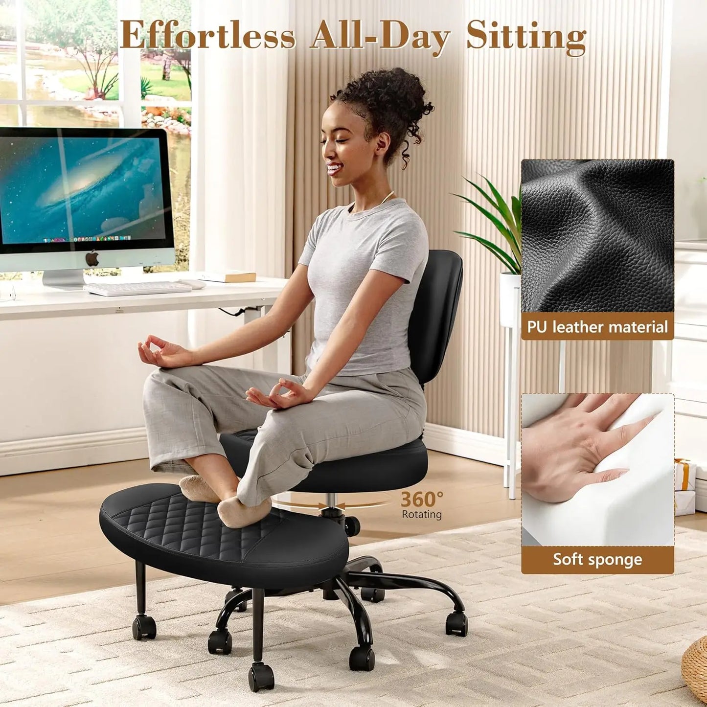 Meditation Chair, Cross Legged Chair with Wheels, ADHD Chair, Criss Cross Desk Chair with Height Adjustable Backrest and Adjustable Stool, Flexible Design for Fidgety Sitters,Black