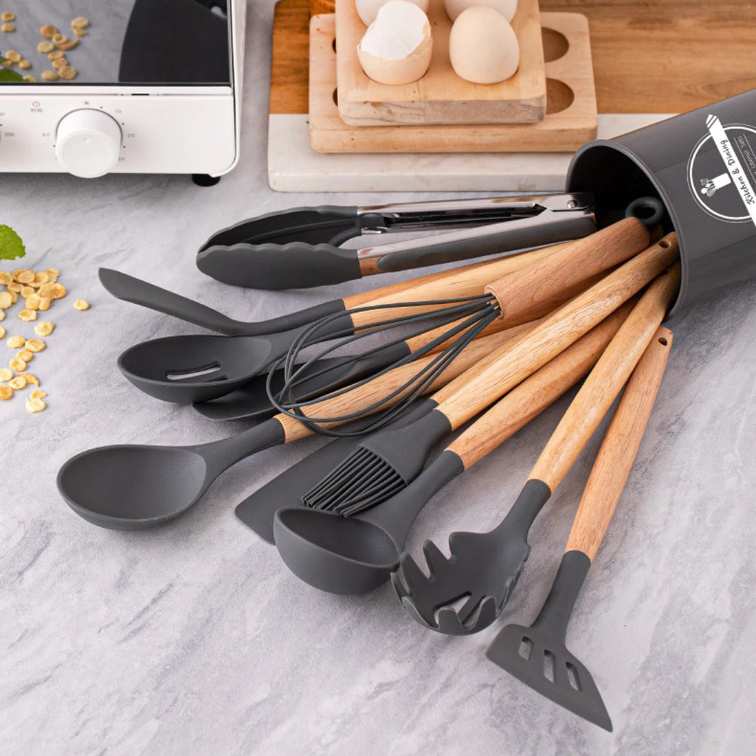 Silicone Kitchen Utensils Set 12-Piece, Heat Resistant, BPA Free, Wooden Handles & Storage Bucket for Non-Stick Cookware, Baking & Cooking