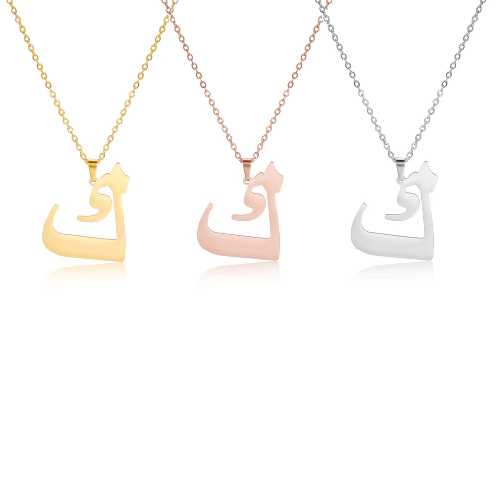 EUEAVAN Arabic Letter Pendant Necklace for Women Men Stainless Steel Arab Initial Alphabet Necklaces Lucky Amulet Muslim Jewelry
