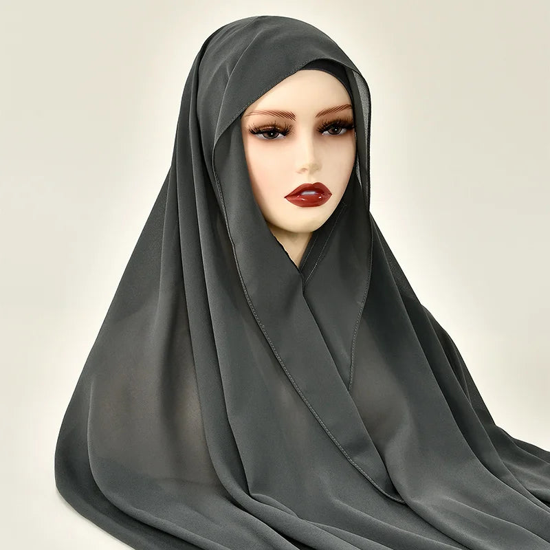 Chiffon Instant Hijab With Bulit-in Magnets Muslim Woman Hijab Solid Color Easy To Wear Shawl Wrap With Undercap Famme Headscarf